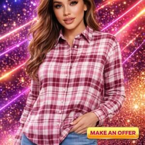 Croft & Barrow Plaid Long Sleeve Button Down Flannel Shirt Women Size Medium